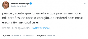 Tweet como pedido de desculpas Marília Mendonça