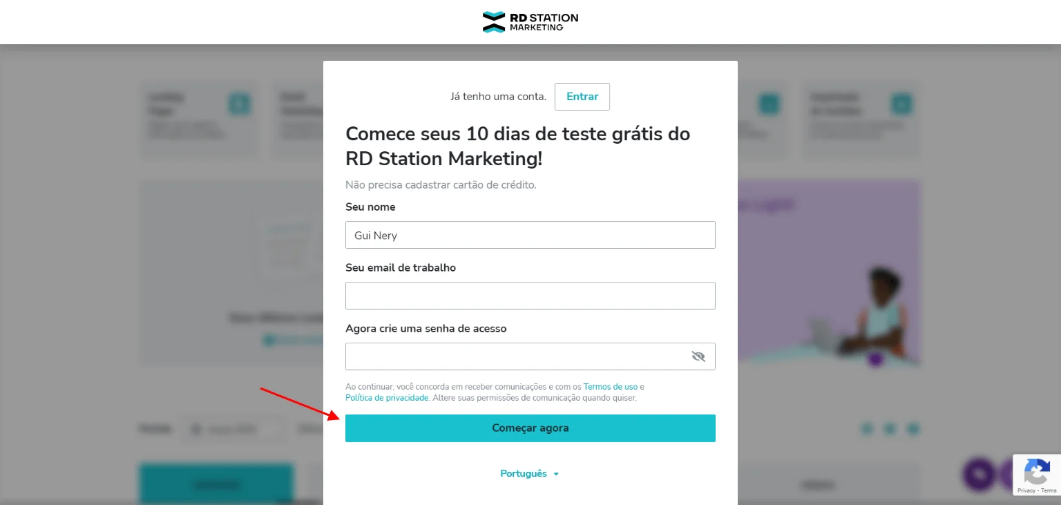 Crie sua conta e teste grátis o RD Station