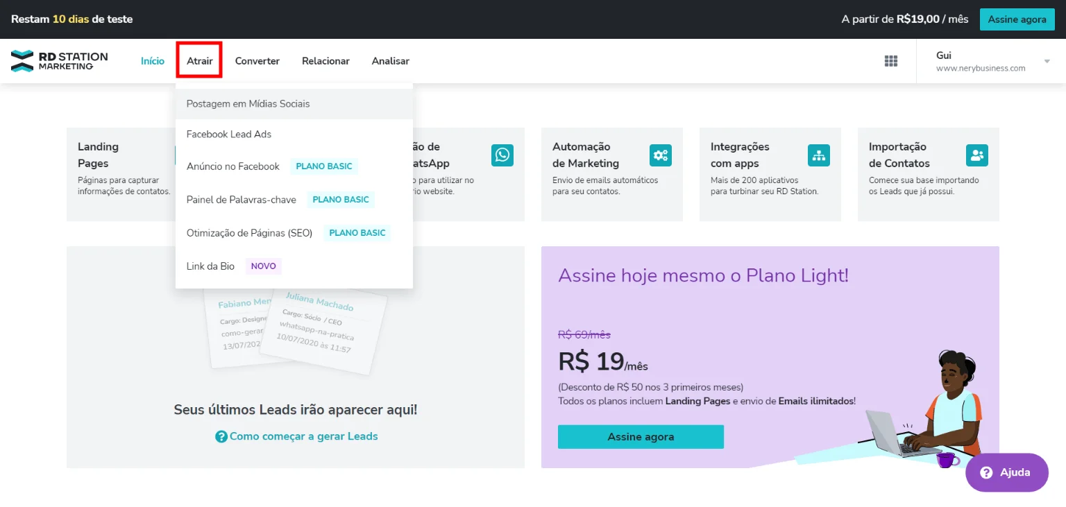 Menu Atrair do RD Station Marketing
